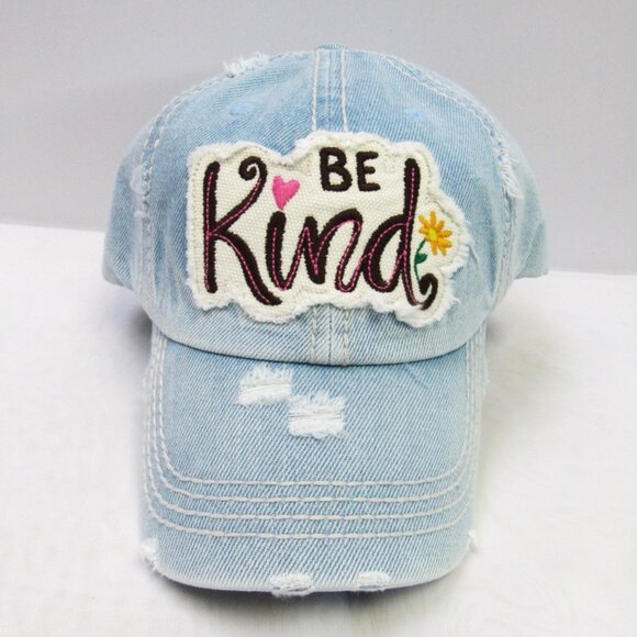 Women's Be Kind Blue Denim Vintage Distressed Baseball Hat Cap NEW - Picture 1 of 4